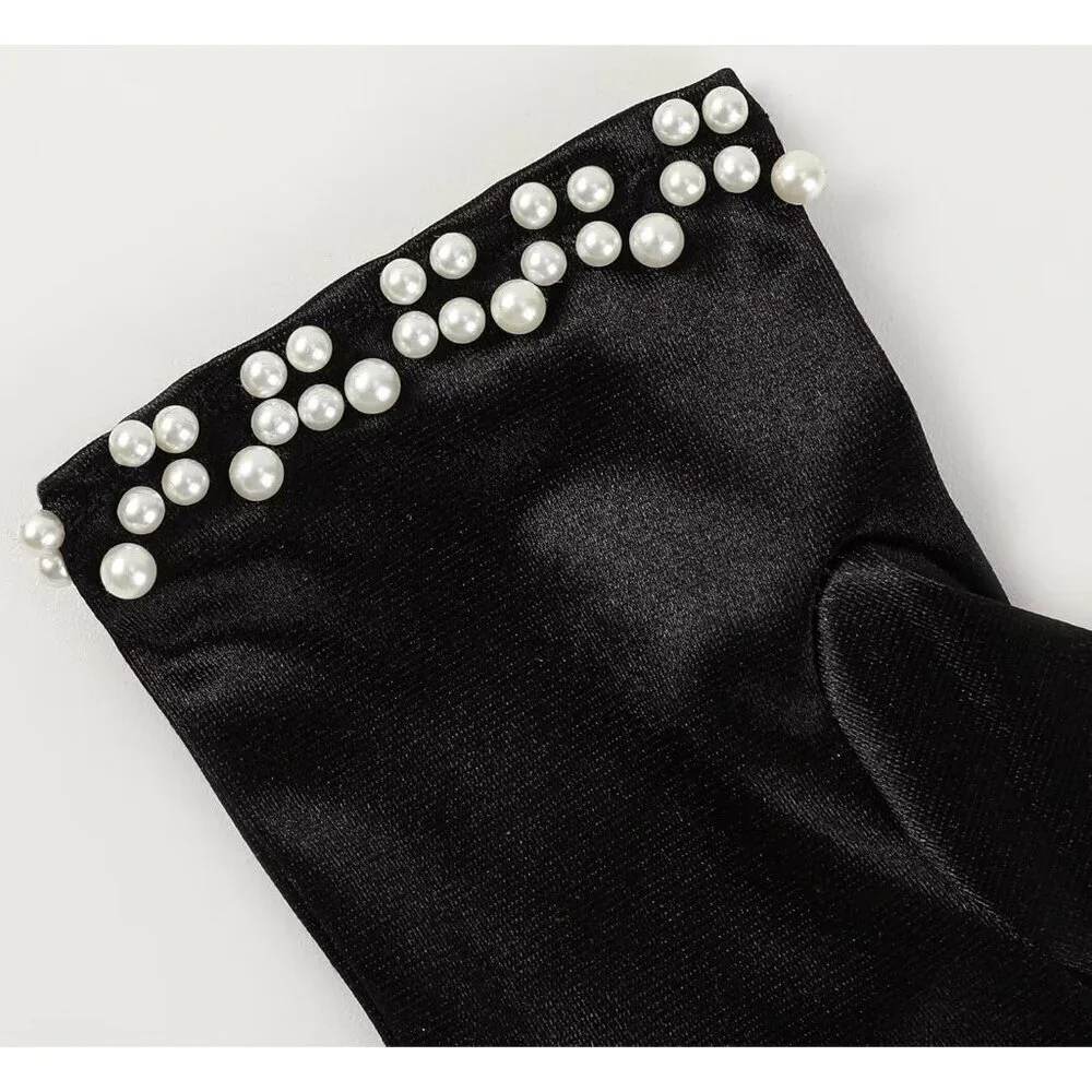 Women's Black Satin Pearl Short Length Wrist Gloves Wedding Banquet Party Prom